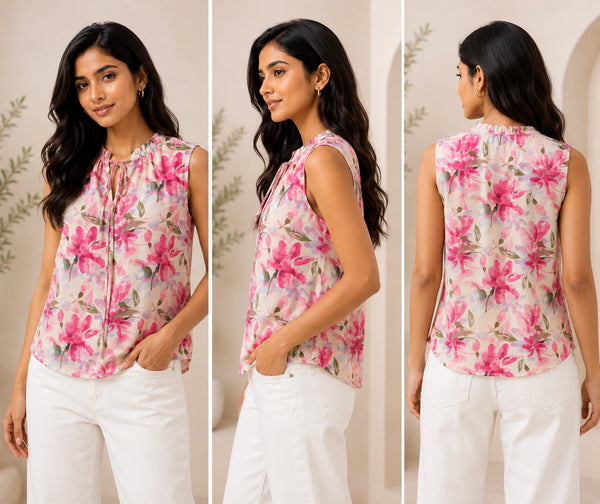Pink Floral Sleeveless Tie-Neck Blouse | Women's Casual Summer Top
