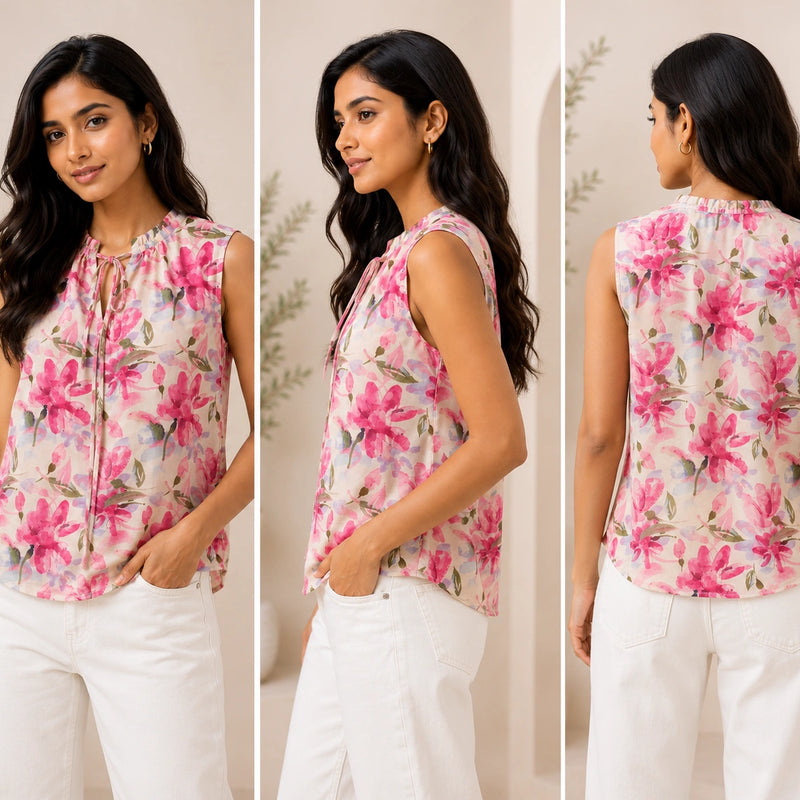 Pink Floral Sleeveless Tie-Neck Blouse | Women's Casual Summer Top