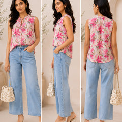 Pink Floral Sleeveless Tie-Neck Blouse | Women's Casual Summer Top