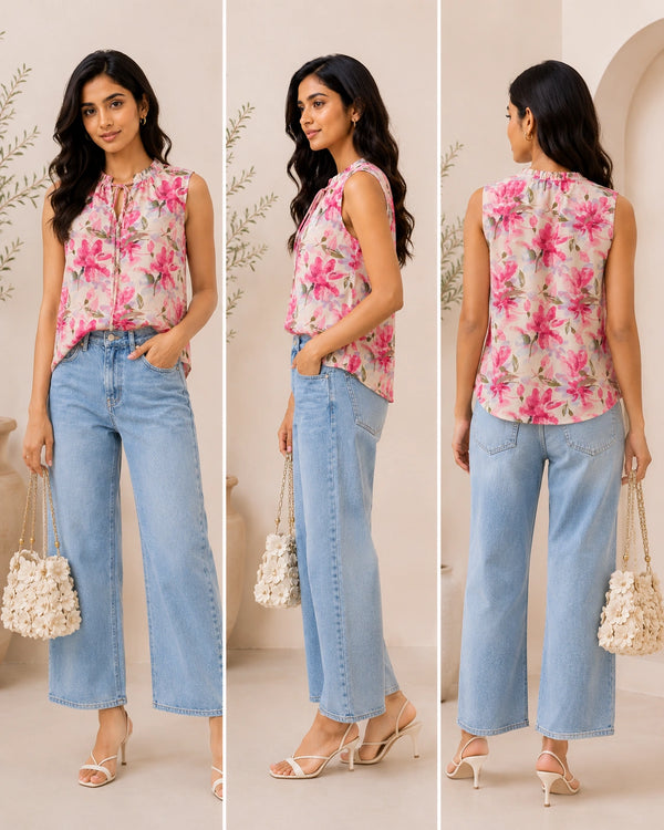 Pink Floral Sleeveless Tie-Neck Blouse | Women's Casual Summer Top