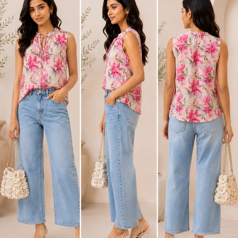 Pink Floral Sleeveless Tie-Neck Blouse | Women's Casual Summer Top