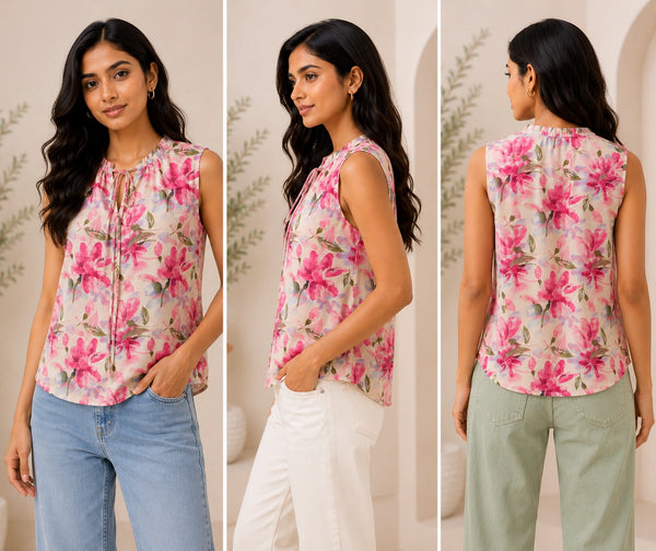 Pink Floral Sleeveless Tie-Neck Blouse | Women's Casual Summer Top