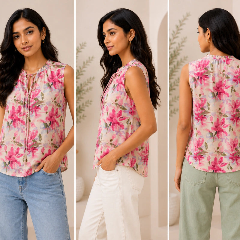 Pink Floral Sleeveless Tie-Neck Blouse | Women's Casual Summer Top