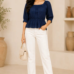 Navy Blue Eyelet Schiffli Peplum Top | Women's Casual Summer Blouse