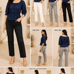 Navy Blue Eyelet Schiffli Peplum Top | Women's Casual Summer Blouse