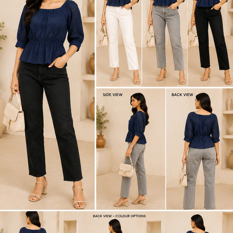 Navy Blue Eyelet Schiffli Peplum Top | Women's Casual Summer Blouse