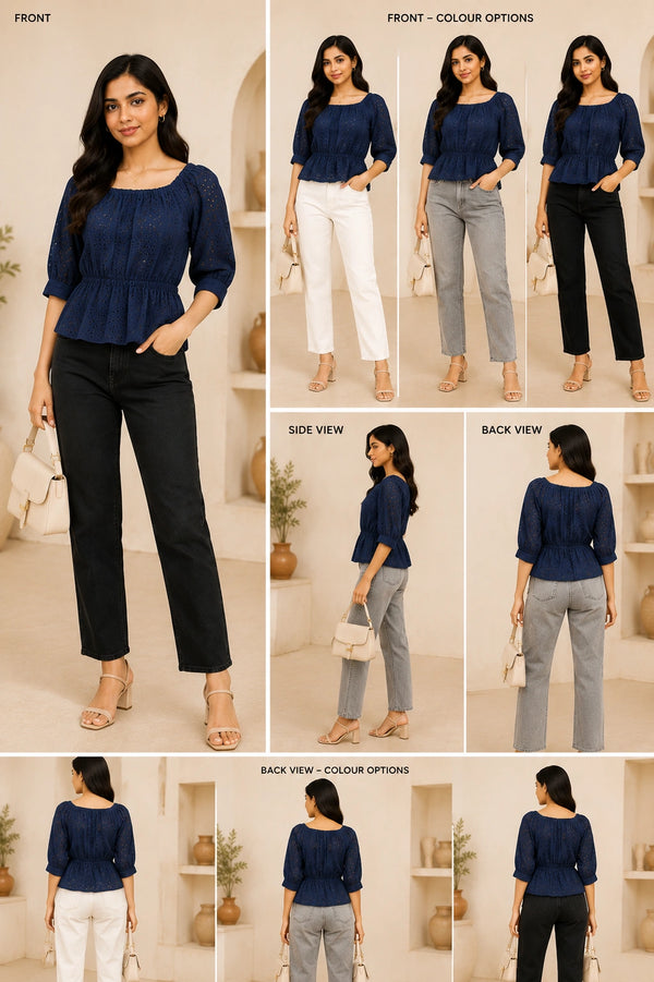 Navy Blue Eyelet Schiffli Peplum Top | Women's Casual Summer Blouse