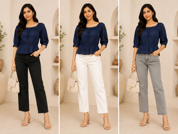 Navy Blue Eyelet Schiffli Peplum Top | Women's Casual Summer Blouse