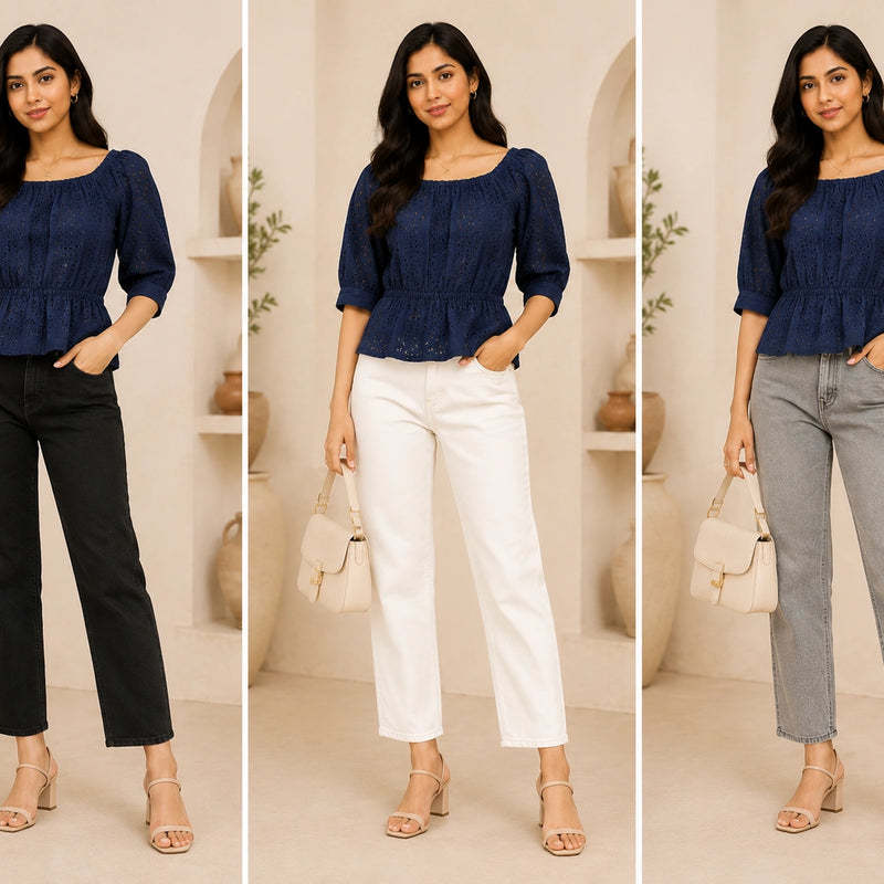 Navy Blue Eyelet Schiffli Peplum Top | Women's Casual Summer Blouse