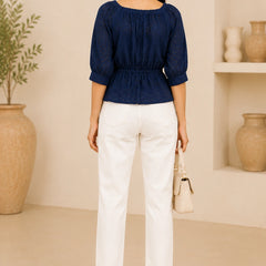Navy Blue Eyelet Schiffli Peplum Top | Women's Casual Summer Blouse