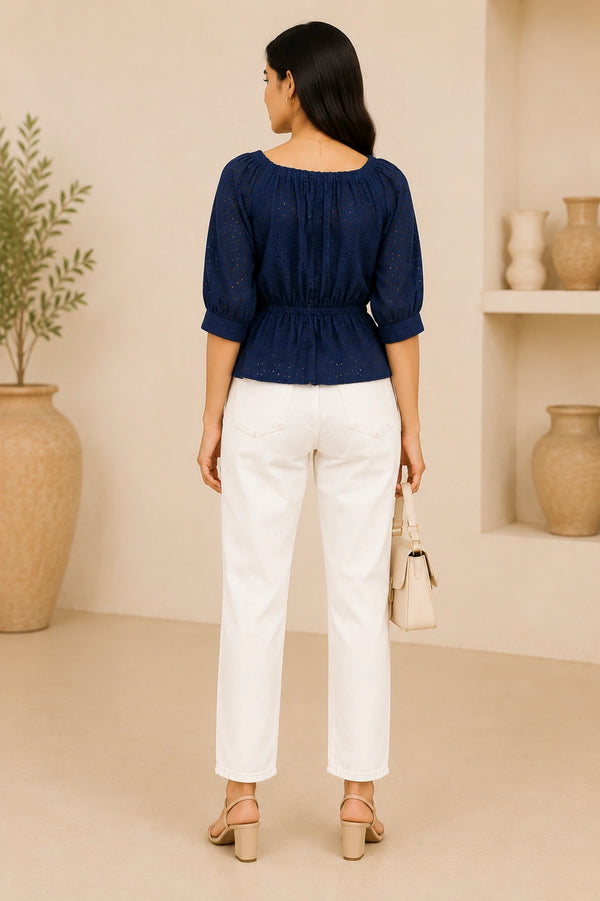 Navy Blue Eyelet Schiffli Peplum Top | Women's Casual Summer Blouse