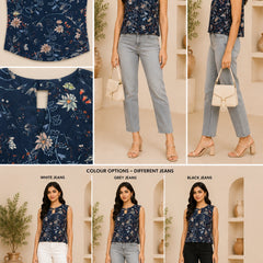 Navy Blue Floral Sleeveless Blouse | Women's Casual Summer Top