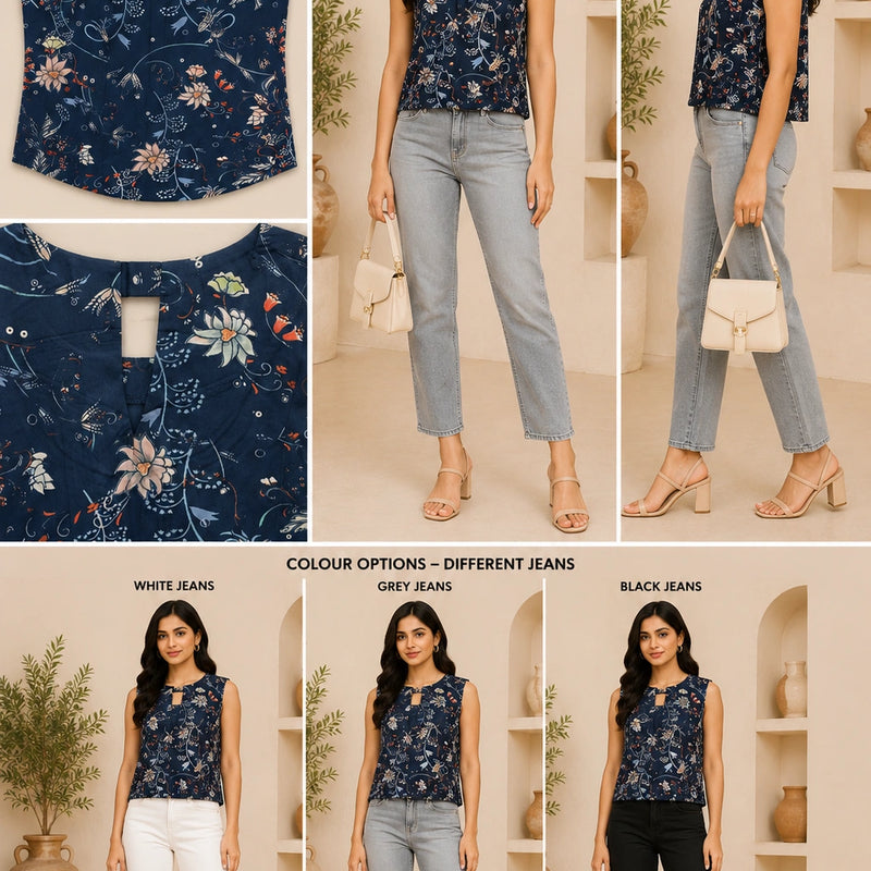 Navy Blue Floral Sleeveless Blouse | Women's Casual Summer Top