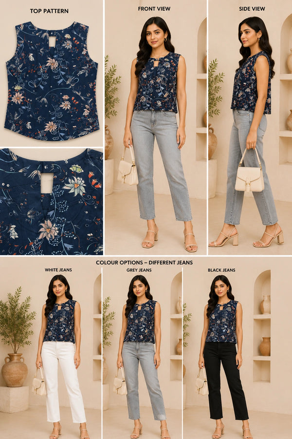 Navy Blue Floral Sleeveless Blouse | Women's Casual Summer Top