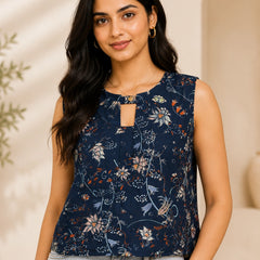 Navy Blue Floral Sleeveless Blouse | Women's Casual Summer Top