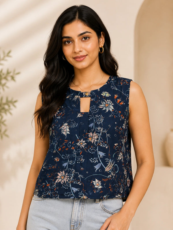 Navy Blue Floral Sleeveless Blouse | Women's Casual Summer Top