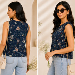 Navy Blue Floral Sleeveless Blouse | Women's Casual Summer Top