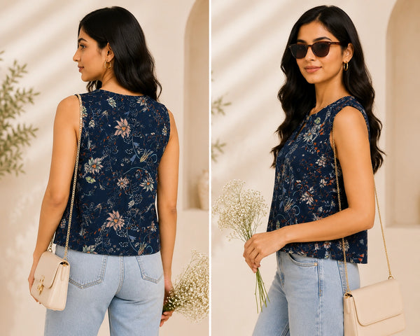 Navy Blue Floral Sleeveless Blouse | Women's Casual Summer Top