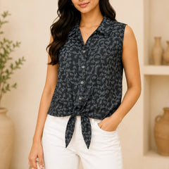 Navy Blue Tie-Front Sleeveless Shirt | Women's Casual Summer Top
