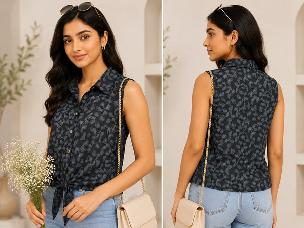 Woman wearing a sleeveless patterned top with denim shorts, holding flowers and a handbag.