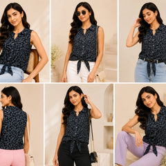Navy Blue Tie-Front Sleeveless Shirt | Women's Casual Summer Top