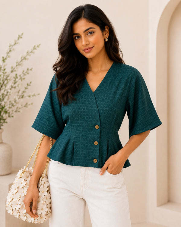 Dark Teal Textured V-Neck Blouse | Women's Casual Peplum Top