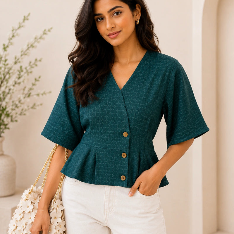 Dark Teal Textured V-Neck Blouse | Women's Casual Peplum Top