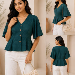 Dark Teal Textured V-Neck Blouse | Women's Casual Peplum Top