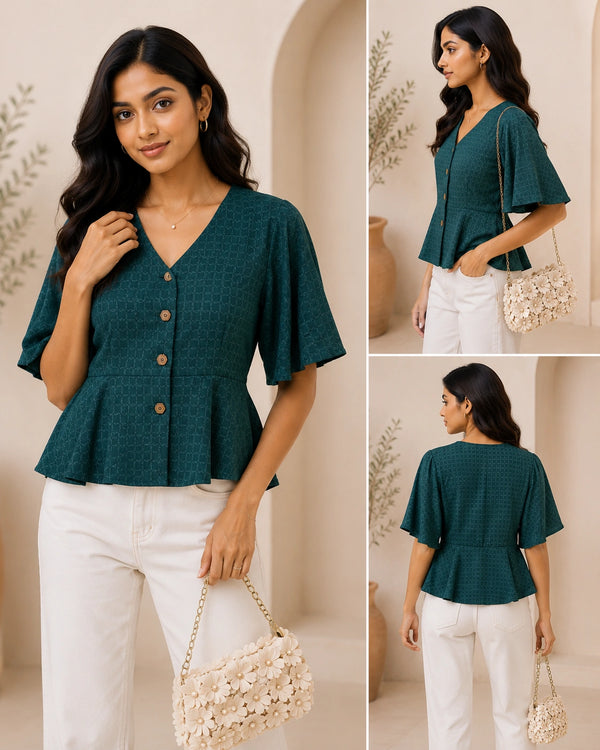 Dark Teal Textured V-Neck Blouse | Women's Casual Peplum Top