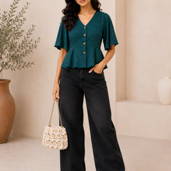 Dark Teal Textured V-Neck Blouse | Women's Casual Peplum Top