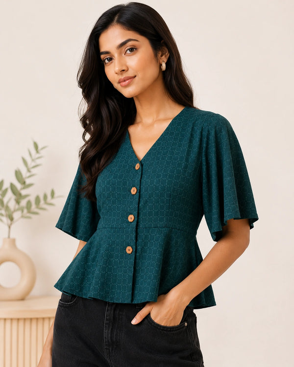 Dark Teal Textured V-Neck Blouse | Women's Casual Peplum Top
