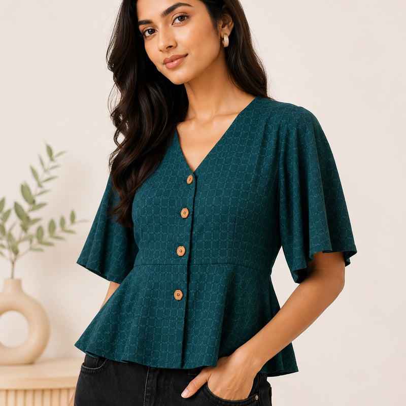 Dark Teal Textured V-Neck Blouse | Women's Casual Peplum Top