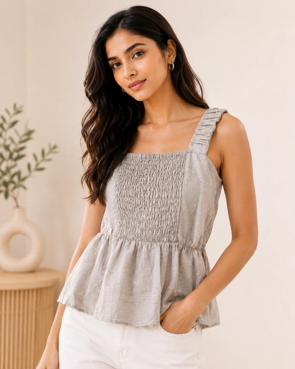 Sage Grey Textured Smocked Peplum Cami | Women's Casual Summer Wear