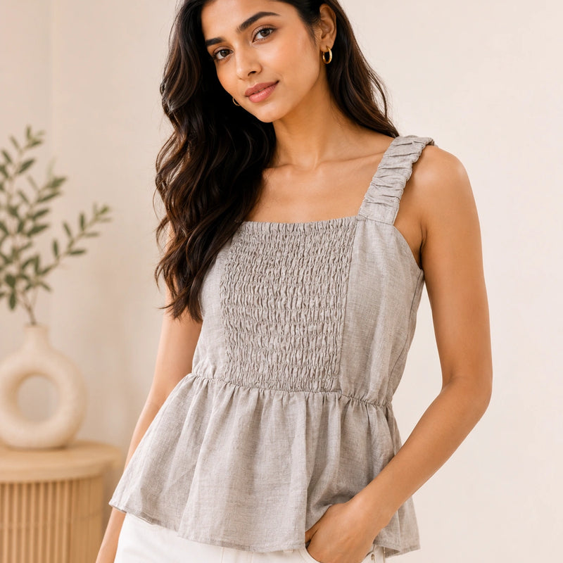 Sage Grey Textured Smocked Peplum Cami | Women's Casual Summer Wear