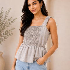 Sage Grey Textured Smocked Peplum Cami | Women's Casual Summer Wear