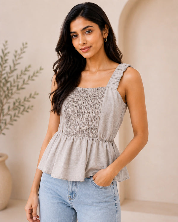 Sage Grey Textured Smocked Peplum Cami | Women's Casual Summer Wear