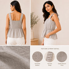 Sage Grey Textured Smocked Peplum Cami | Women's Casual Summer Wear