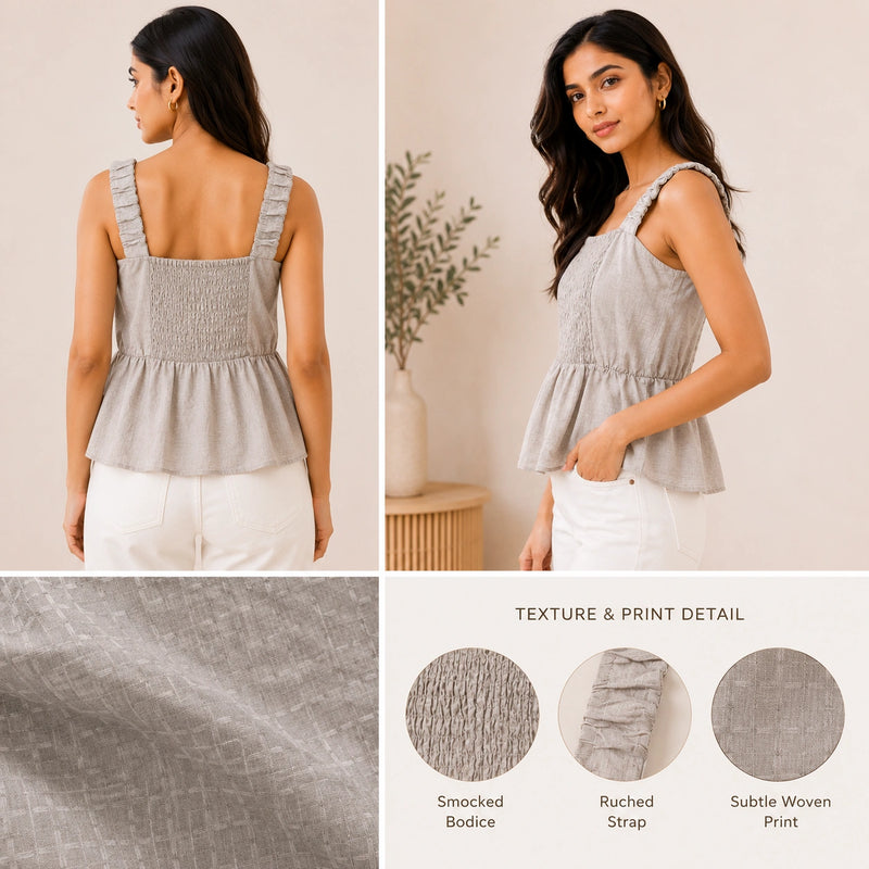 Sage Grey Textured Smocked Peplum Cami | Women's Casual Summer Wear