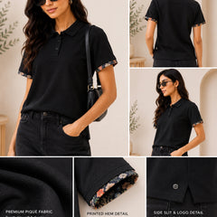 Classic Black Polo Shirt with Floral Trim | Women's Smart Casual Top