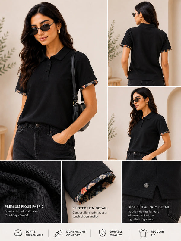 Classic Black Polo Shirt with Floral Trim | Women's Smart Casual Top