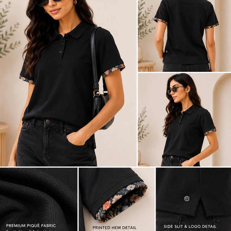 Classic Black Polo Shirt with Floral Trim | Women's Smart Casual Top