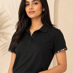 Classic Black Polo Shirt with Floral Trim | Women's Smart Casual Top