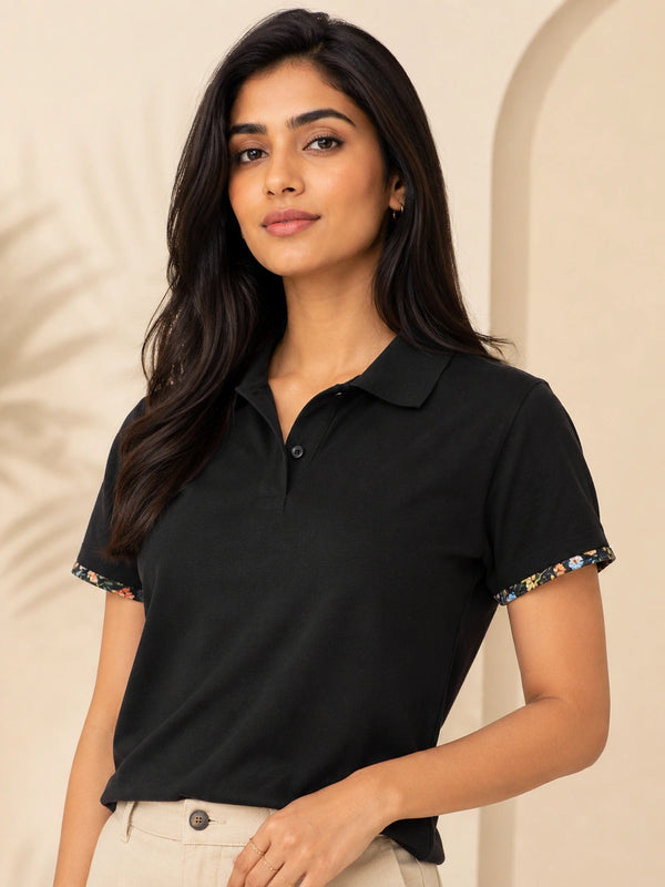 Classic Black Polo Shirt with Floral Trim | Women's Smart Casual Top