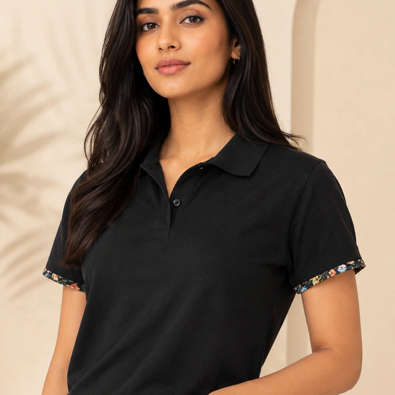 Classic Black Polo Shirt with Floral Trim | Women's Smart Casual Top