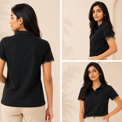 Classic Black Polo Shirt with Floral Trim | Women's Smart Casual Top