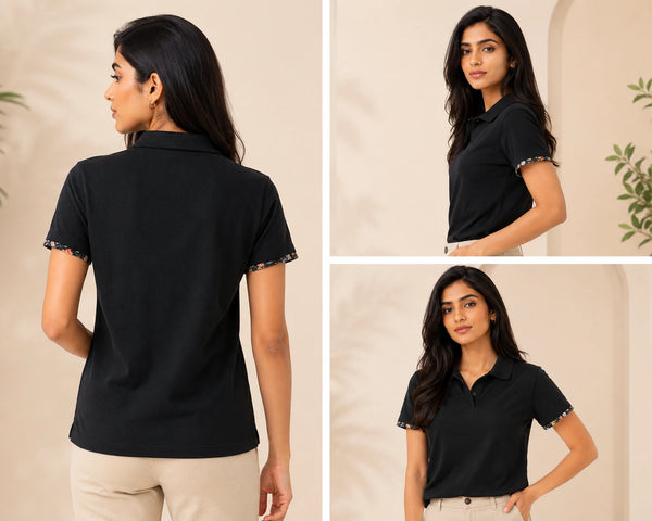 Classic Black Polo Shirt with Floral Trim | Women's Smart Casual Top