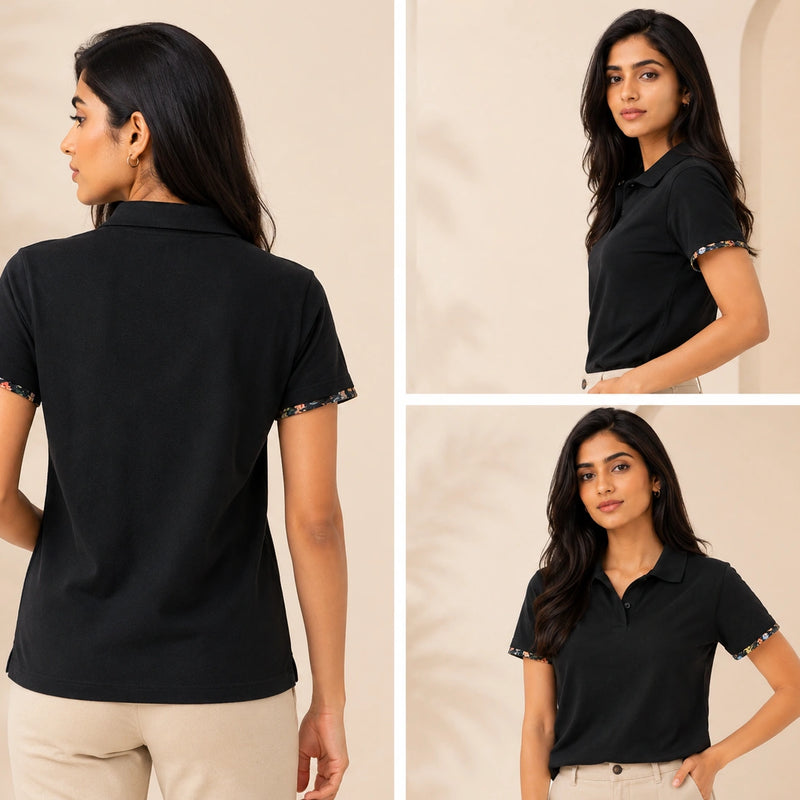 Classic Black Polo Shirt with Floral Trim | Women's Smart Casual Top