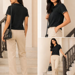 Classic Black Polo Shirt with Floral Trim | Women's Smart Casual Top