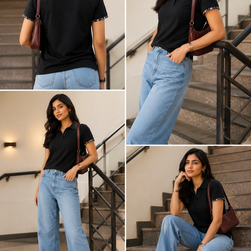 Classic Black Polo Shirt with Floral Trim | Women's Smart Casual Top