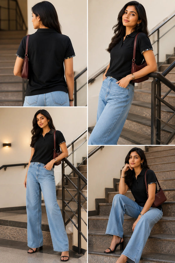 Classic Black Polo Shirt with Floral Trim | Women's Smart Casual Top